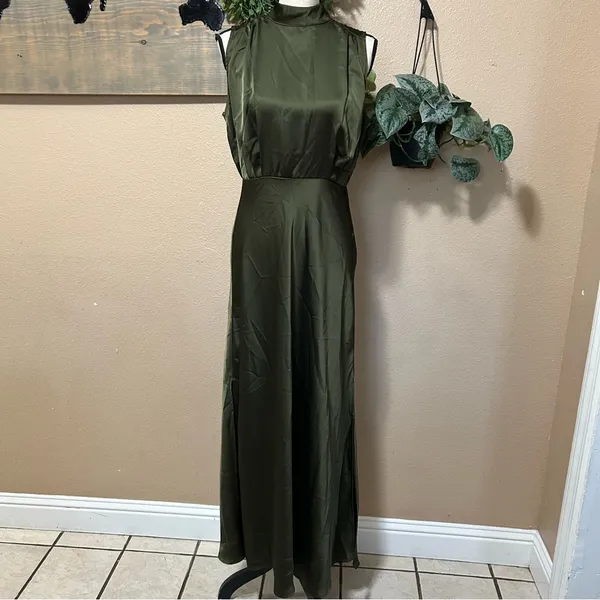 Lulus Classic Elegance Olive Satin Sleeveless Mock Neck Maxi Dress - Image 3