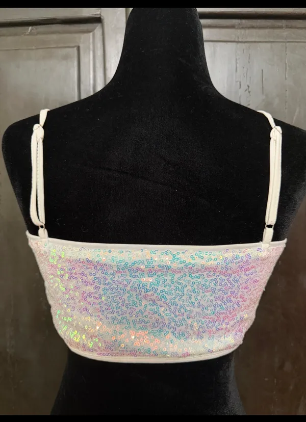 SHEIN iridescent white strappy sequin crop with bag - Size Small. Gently warn & great used condition. embellishments for a sparkly look. Measurements approximately 14.5” from armpit to armpit not fully stretched out x 6” long. Non-smoking home. priced to sell at as is condition. Don’t like my price, make reasonable offer! And thank you for checking my closet. - Image 2