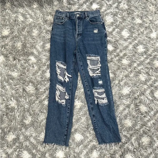PacSun Medium Blue Distressed High Waisted Straight Leg Jeans - Image 3