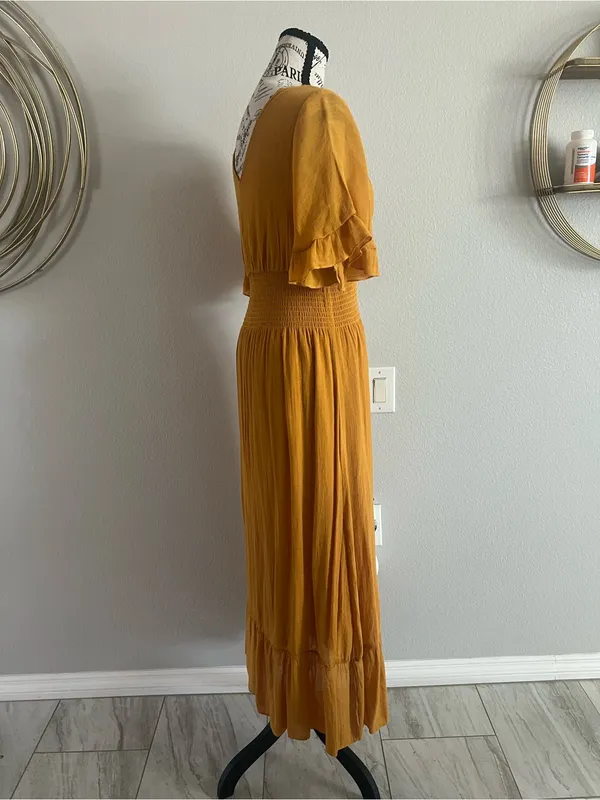 Smocked-Waist Mustard Maxi Dress with V-Neck and Flutter Sleeves - Image 2