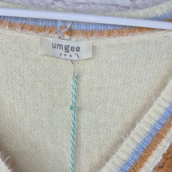 Umgee Crochet Granny Square Cardigan Sweater L XL Boho Knit Button Front Cream - Image 4