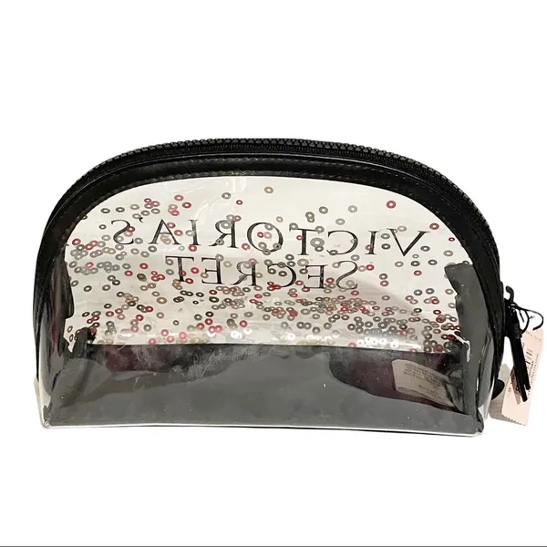 Victorias Secret Sequin Clear Transparent Black Trim Makeup‎ Travel Bag NEW - Image 4