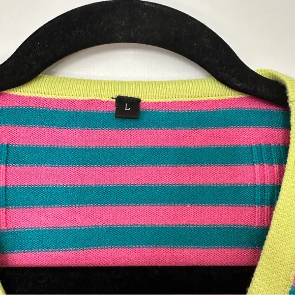 Woman’s Stripped Button Detail Knit Sweater Large Pink Green - Image 4