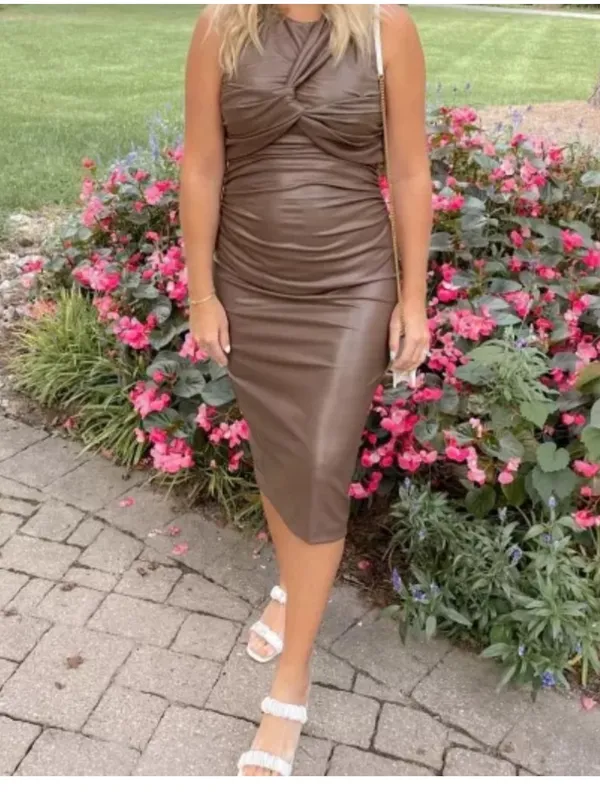 $228 Nwot Express Mocha Body Contour Twist Front Faux Leather Midi Dress Xs - Image 5