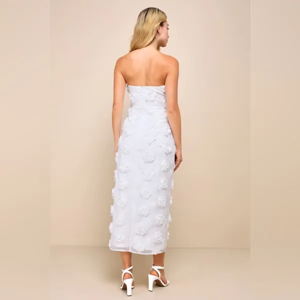 NWOT Lulus Posh Appearance White 3D Floral Applique Strapless Midi Dress L - Image 3