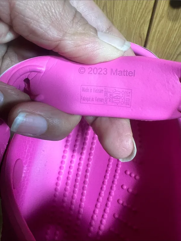 CROCS Hot Pink Sandal Clogs with White Heel Strap and Barbie Charms - Image 7