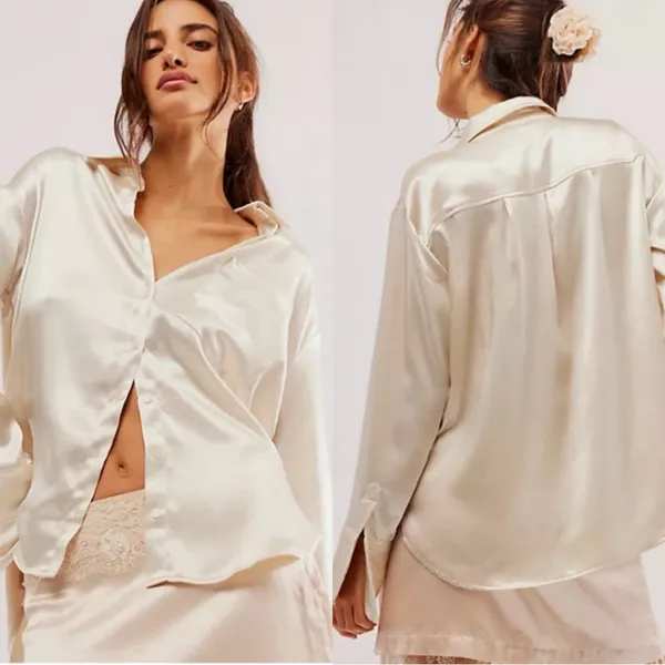 FREE PEOPLE Shooting For The Moon Satin Long Sleeve Button Up Top Shirt Blouse - Image 3