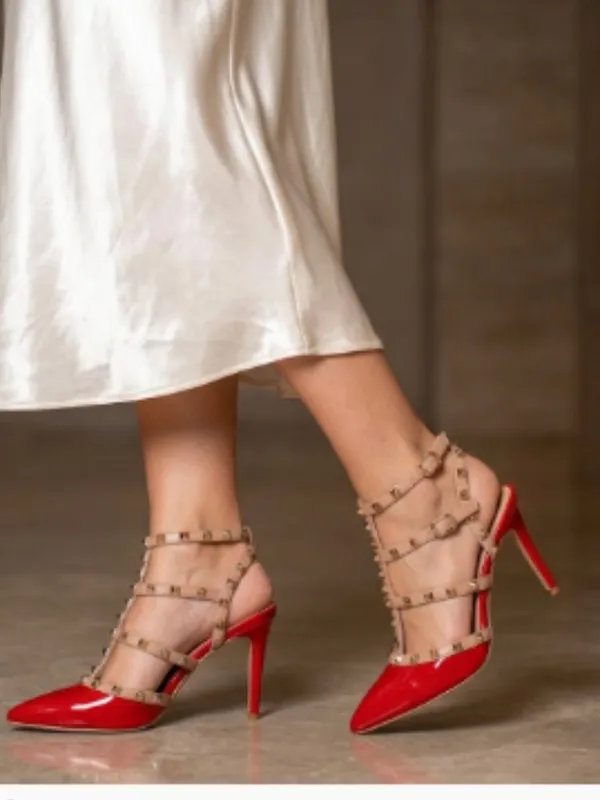 NEW MIX No 6 Black Patent Nude Gold Studded Strappy Heels Stud - Image 2