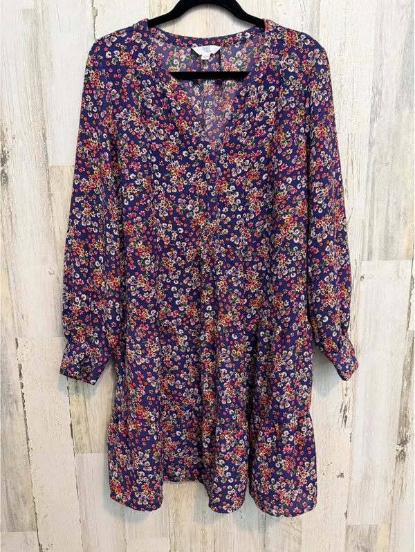 Time and Tru Floral Tiered Dress Women’s L 12-14 Long Sleeve Navy Boho - Image 2