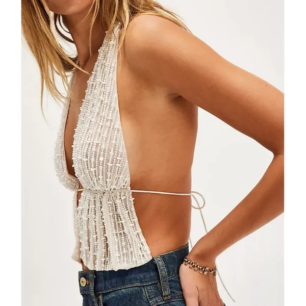 Free People Ibiza nights Beaded Halter Top Ivory NEW - Image 3