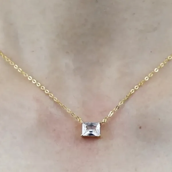 NEW Minimalist Gold Necklace with Simulated‎ Diamond Emerald Cut Pendant, 16-18” - Image 5