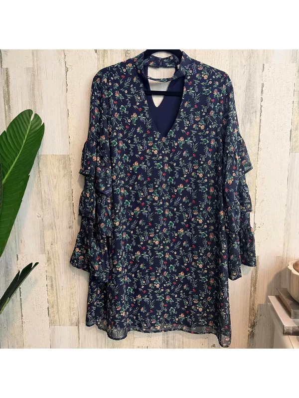 Le Lis Navy Floral Chiffon Ruffle Sleeve Keyhole Mini Dress Large - Image 2