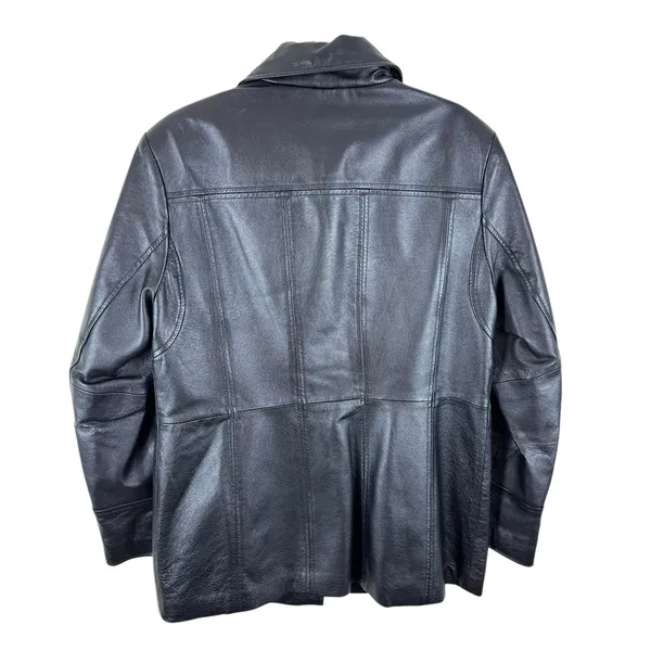 East 5th Black 100% Leather Collared Button Up Lined Jacket Pockets‎ Size Large - Image 2