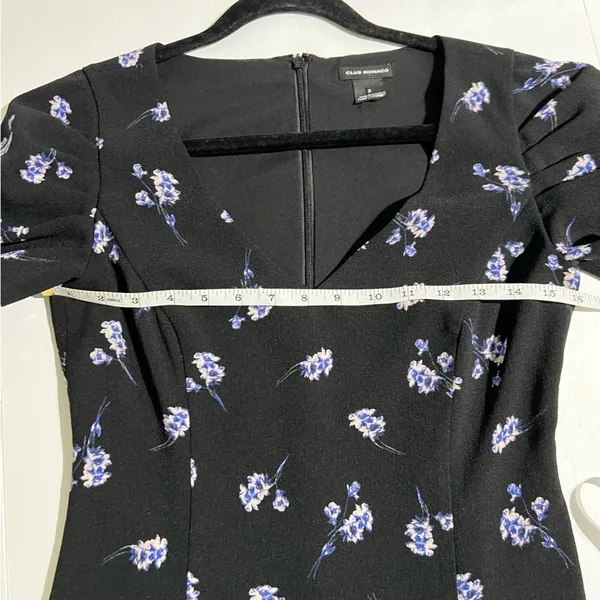 Club Monaco Floral Puff‎ Sleeve V-Neck Mini Dress Black Blue Size 2 - Image 10