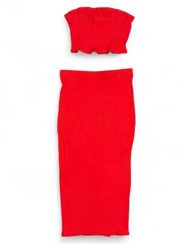 Lulus Red Ribbed Midi Tube Top Skirt Set - Image 2