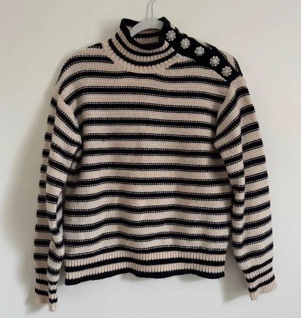 J. CREW Cable-Knit Mock-neck Pullover Sweater Size Small Stripe Jewel Buttons - Image 2