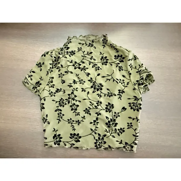 Floral Print Mock Neck, lettuce trim mesh lined crop top - Image 2