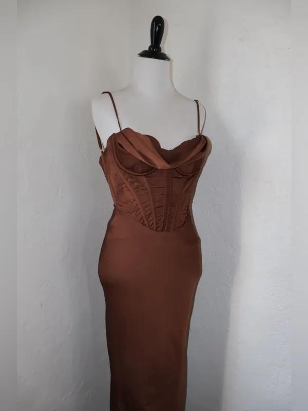 House of CB Brown Satin Corset Maxi Dress XS - Image 3