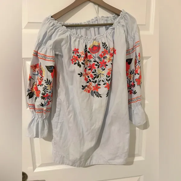 Free People Embroidered Off Shoulder Mini Dress Blue Orange Size S - Image 2