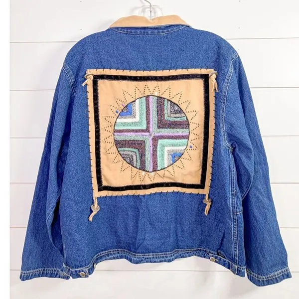 Ultimate Philadelphia Women's Denim Beaded Western Aztec Jean Jacket Blue Medium - Image 2