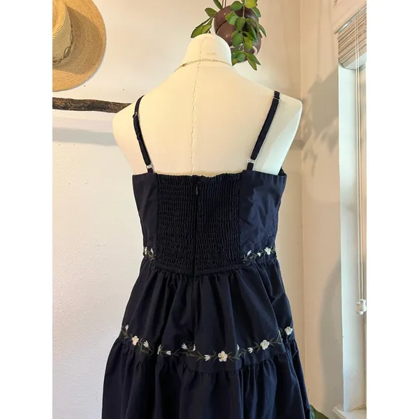 Navy Blue Floral Embroidered Folk Tiered Midi Dress Size Small 100% Cotton - Image 11