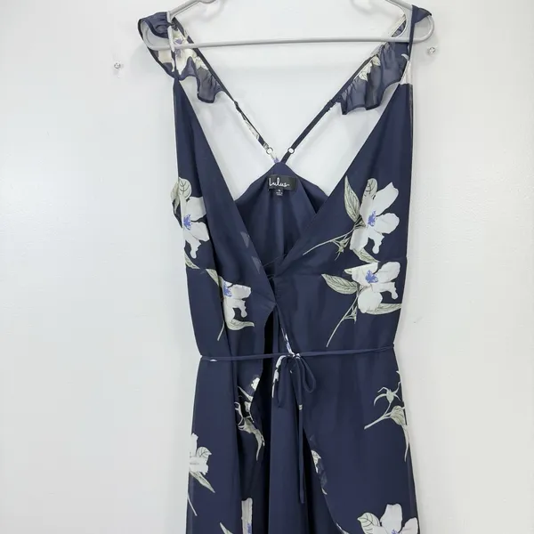 Lulus All Mine Navy Blue Floral Print High-Low‎ Wrap Dress SMALL - Image 5
