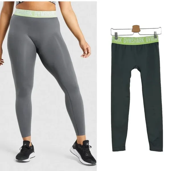 Gymshark Fit Seamless‎ Leggings Gray / Neon Green Waistband Size Medium - Image 2
