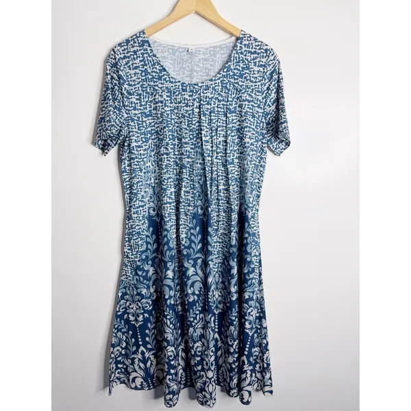 NEW Blue‎ White Damask Print Swing Midi Dress Boho Coastal Flowy Casual Medium - Image 2