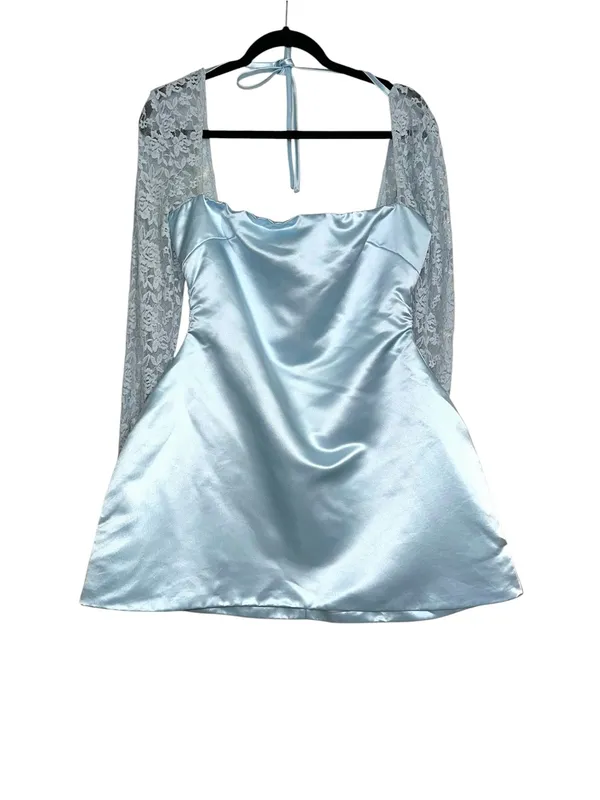 Babyboo Sadie Baby Blue Lace Sleeve Satin Mini Dress MEDIUM - Image 3