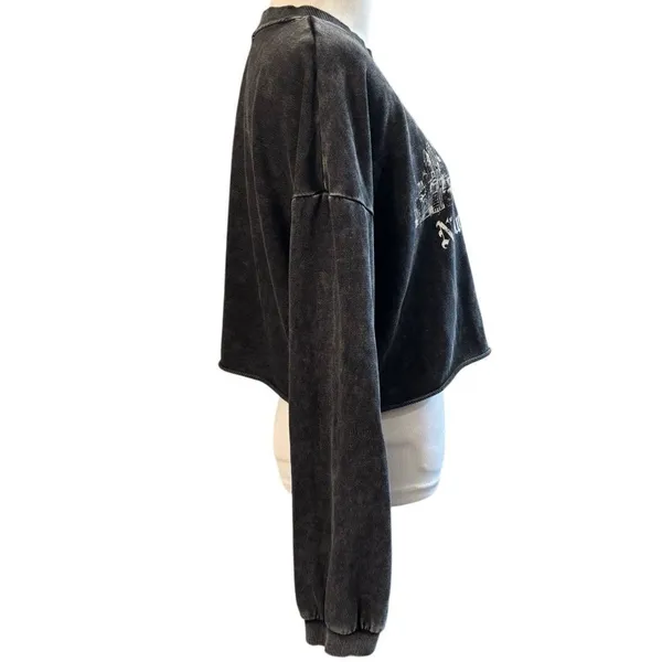 Garage Cropped New York City Sweatshirt Black Washed Graphic Pullover Size L - Image 2