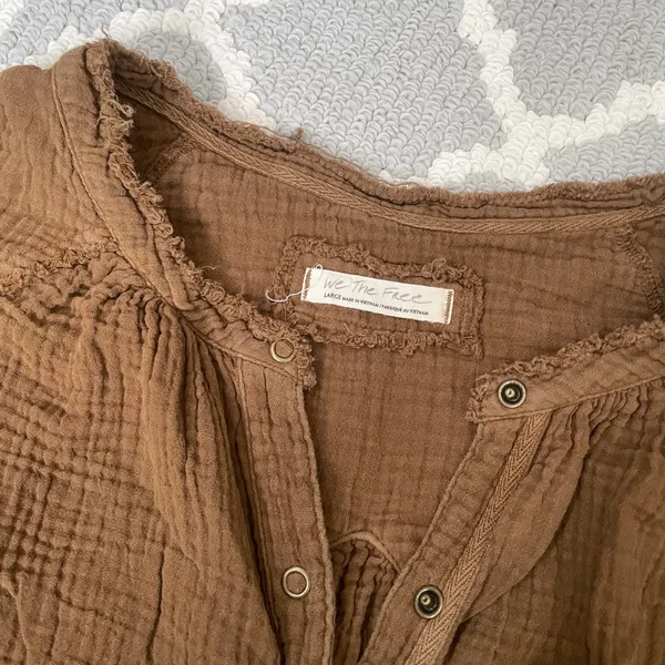 We the free forest green oversized soft linen long sleeve Henley flowy top - Image 5
