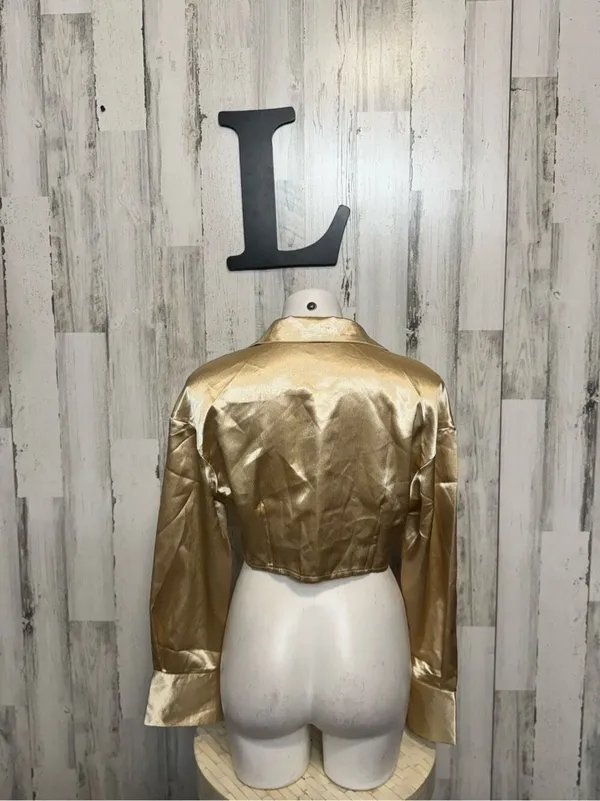 SHEIN Champagne Gold Satin Button Down Crop Top Womens Large Corset Hem Blouse - Image 5