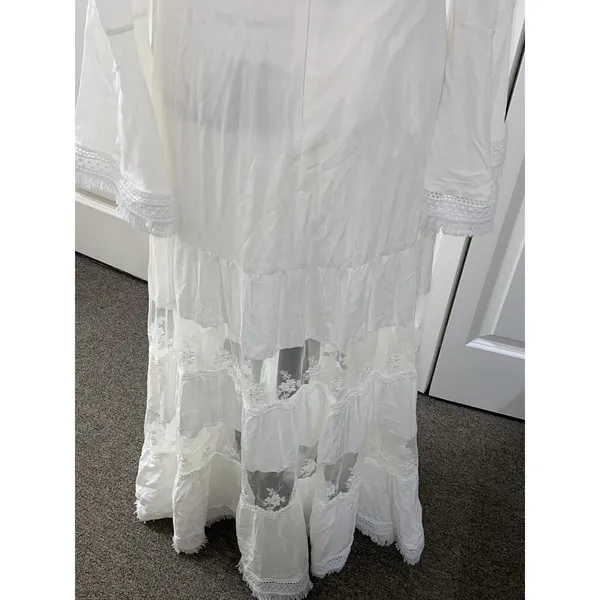 Muy Muy Fancy Cottage Core Lace Embroidered Bell Sleeves White Maxi Dress Sz Sm - Image 13