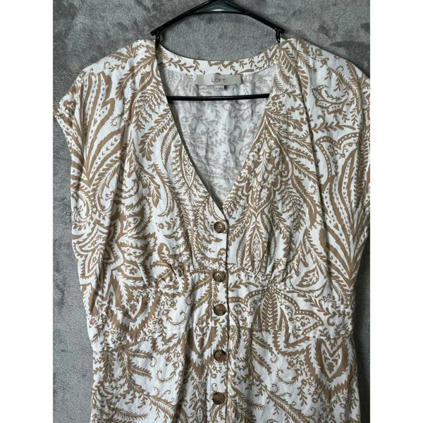 LOFT Linen Blend Beige Paisley Button Front Dress V Neck Summer Cottagecore 8‎ - Image 2