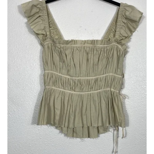 Free People Beige Ruffle Sleeve Drawstring Cropped Blouse Cotton Size S - Image 2