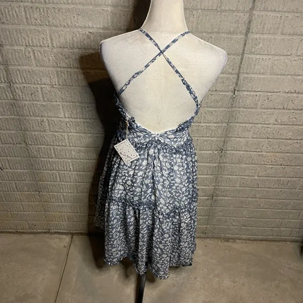 NWT Angel Biba Blue White Floral Low Back Criss Cross Tiered Dress Size XS‎ - Image 3