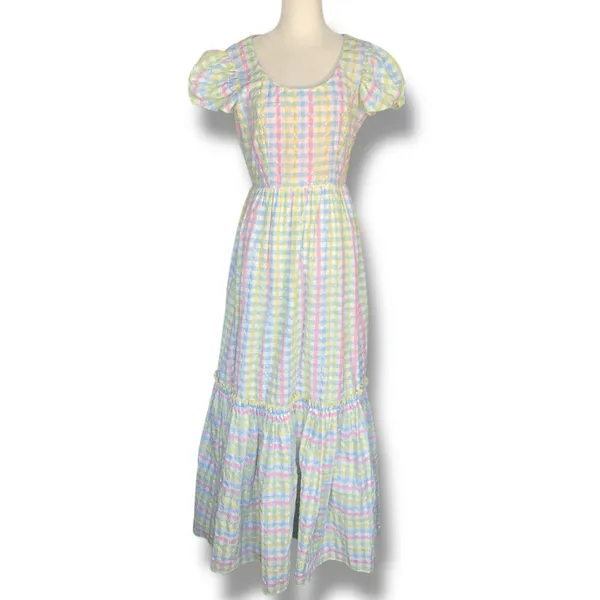 Vintage 70s Pastel Gingham Smocked Maxi Dress‎ Puff Sleeve Cottagecore Romantic - Image 13