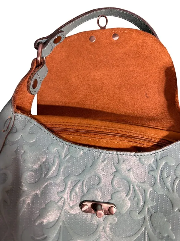 Patricia Nash Micaela Teal Shoulder Bag Tooled Embossed Leather Swinglock Suede - Image 6
