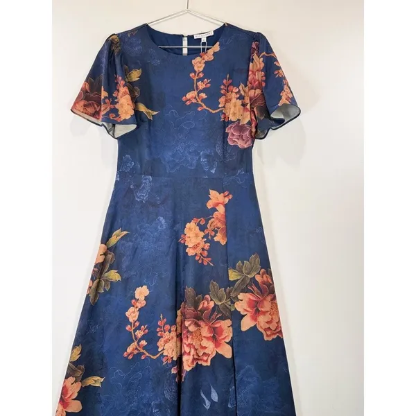 NWT Baltic Born Maxi Dress Blue Colina Satin Floral Flutter Side Slit Medium - Image 6