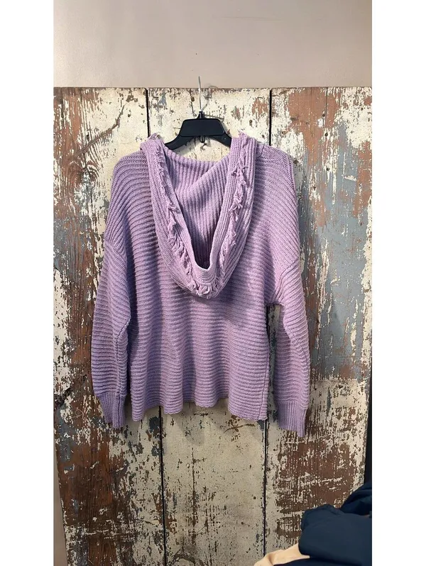 BIBI V Neck Hooded Sweater Fringe Small Long sleeves Purple artsy boho - Image 3