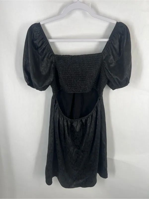Title: Altar’d State Black Satin Floral Puff Sleeve Open Back Mini Dress M - Image 5