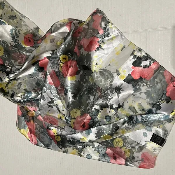 Vintage Silk Feel Scarf Korea Rectangular Floral Sage Yellow Peach 13.5 X 57 in - Image 9