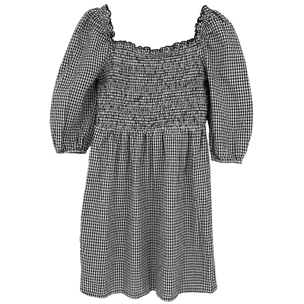 Mango Black White Gingham Smocked Puff Sleeve Mini‎ Dress Size 2 Cotton EUC - Image 3