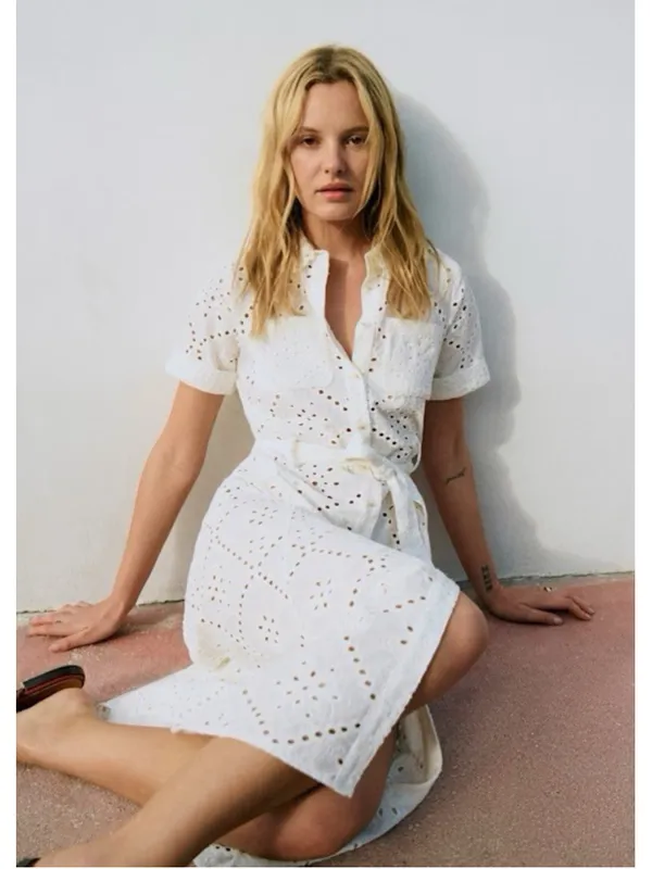 Sezane Adele Short Sleeve Embroidered Midi Dress Eyelet Collar Ecru FR 36 US 4 - Image 6