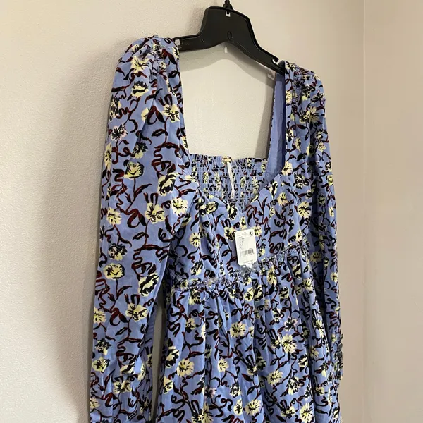 Free People Bessie Blue Babydoll Corduroy‎ Long sleeve Mini Dress NWT Sz M - Image 12