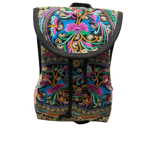 Boho Embroidered Backpack Colorful Floral Birds Drawstring Flap Bag‎ - Image 2