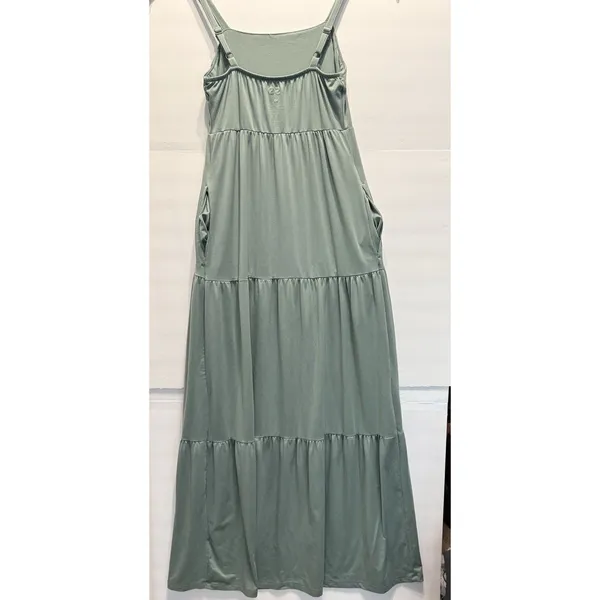 SO XS Green Knit Tiered Boho Maxi Dress Sleeveless Square Neck Polyester Spandex - Image 3