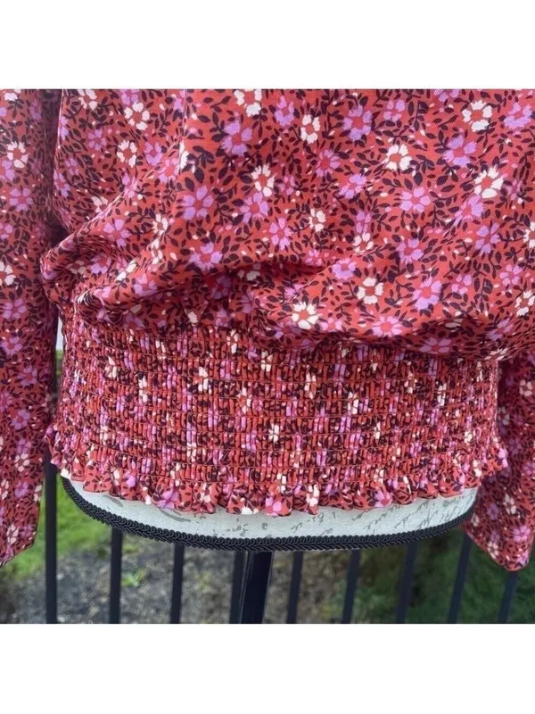 Ann TAYLOR FLORAL BELL SLEEVE SMOCKED WAIST TOP IN RIPE PERSIMMON SZ L - Image 3