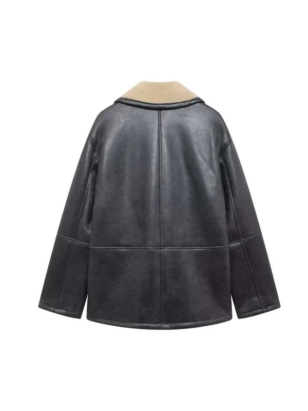 Zara Black Faux Leather Pea Coat with Cream Shearling Collar - Image 2
