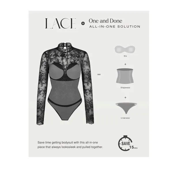 NWT Popilush Lace Shapewear Bodysuit Long‎ Sleeve Built-In Bra Open Back Large - Image 2